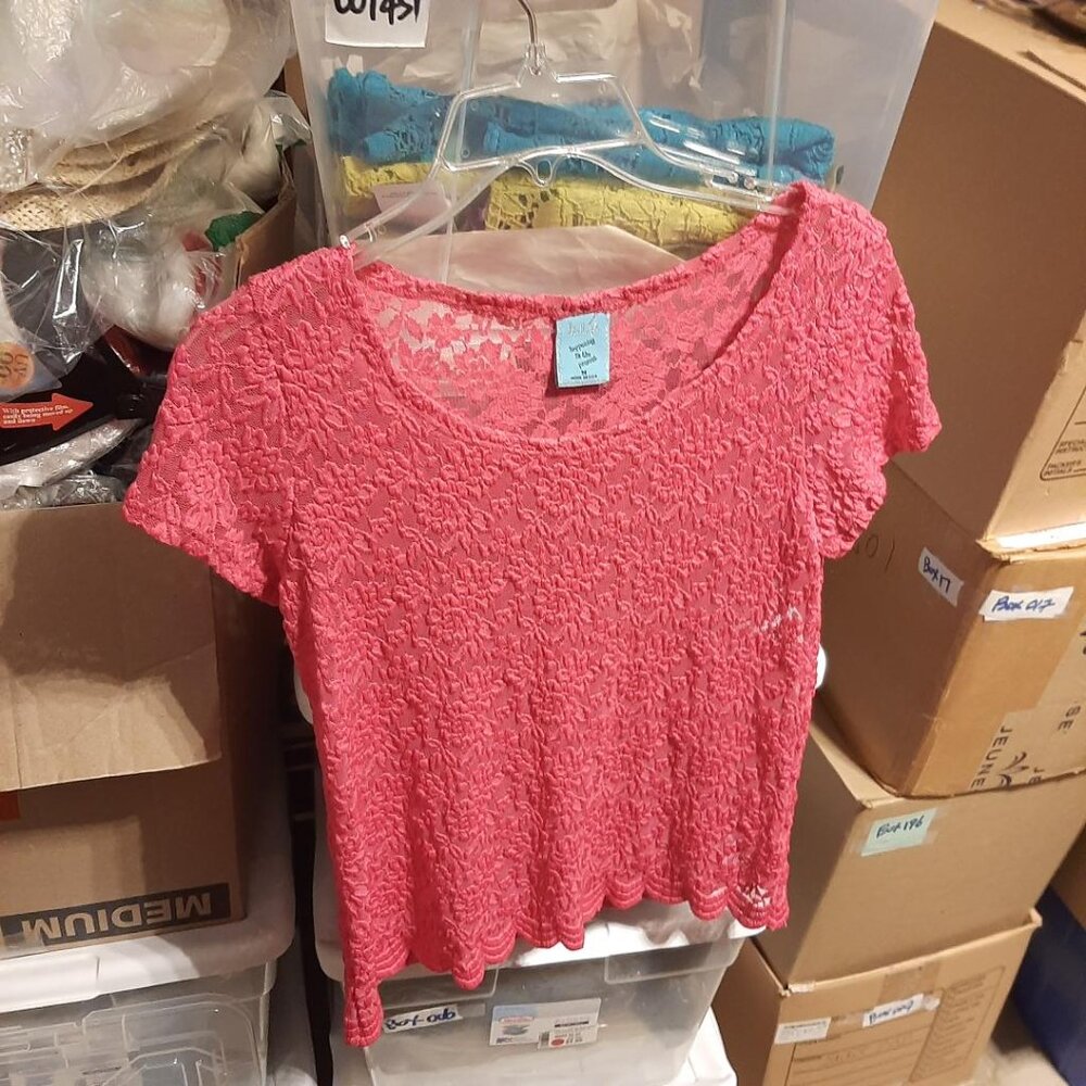 NEW ! H.I.P. Happening In the Present WMN Stretch Floral Mesh Lace Top Pink Sz M